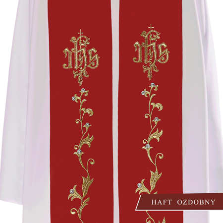 Czerwona stuła kapłańska haftowana "IHS" 