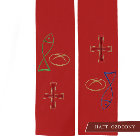 Czerwona stuła kapłańska haftowana "Ryba Chleb Krzyż" 